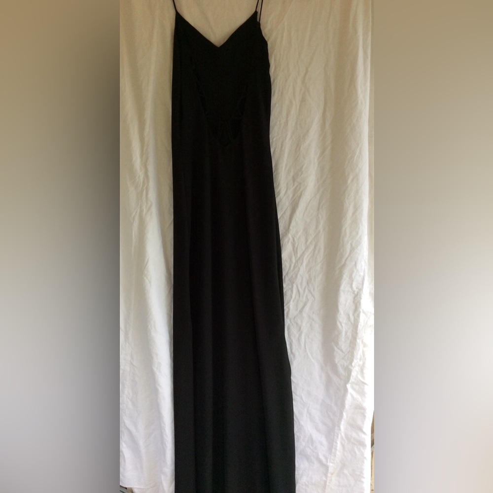 Black spaghetti strap evening dress with back details